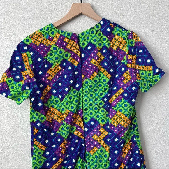 Vintage Retro 70's Bright Colorful Floral Geometric Midi Dress- Size Large - Picture 4 of 7